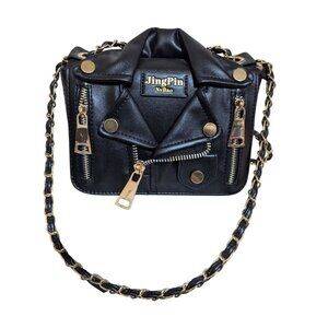 JingPin NvBao Black Faux Leather Biker Jacket Style shoulder Bag Chain Strap